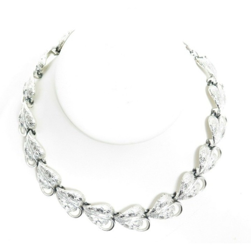 Vintage Pegasus CORO Signed Silver HEART Leaves Floral Link Choker Necklace